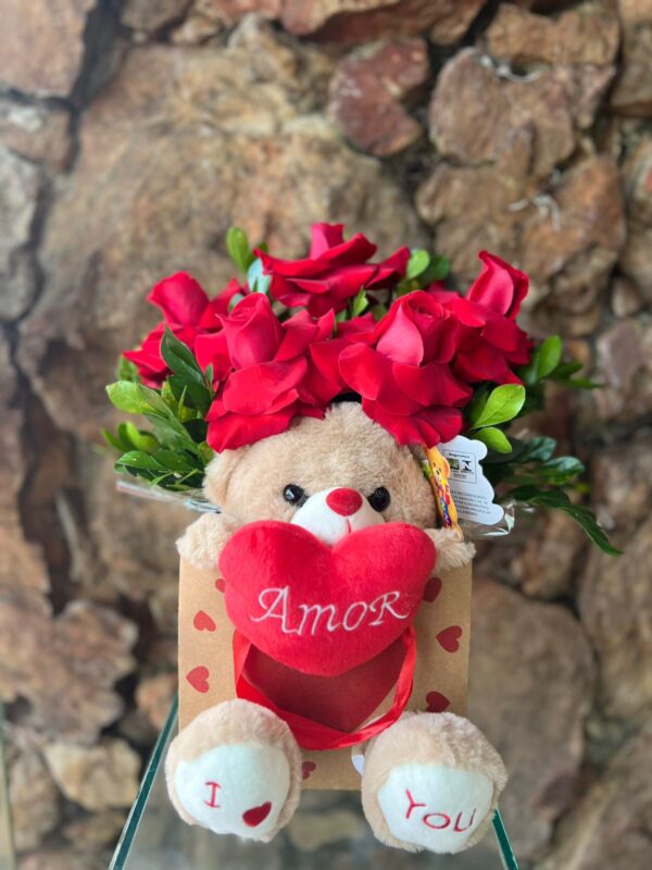 Arranjo sacola urso rosas colombianas