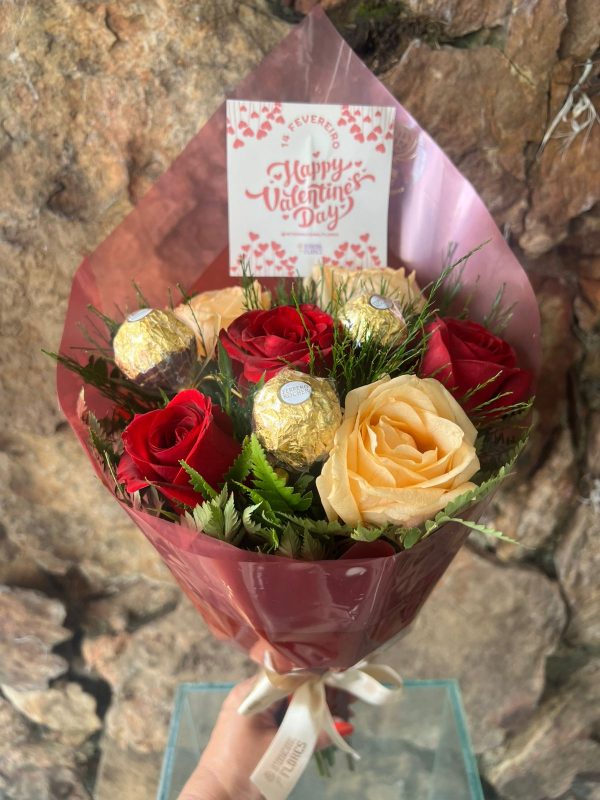 Buquê 6 Rosas nacional Bicolor com Chocolate Valentine’s Day