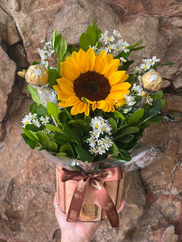 Arranjo 1 girassol no cachepo com chocolate