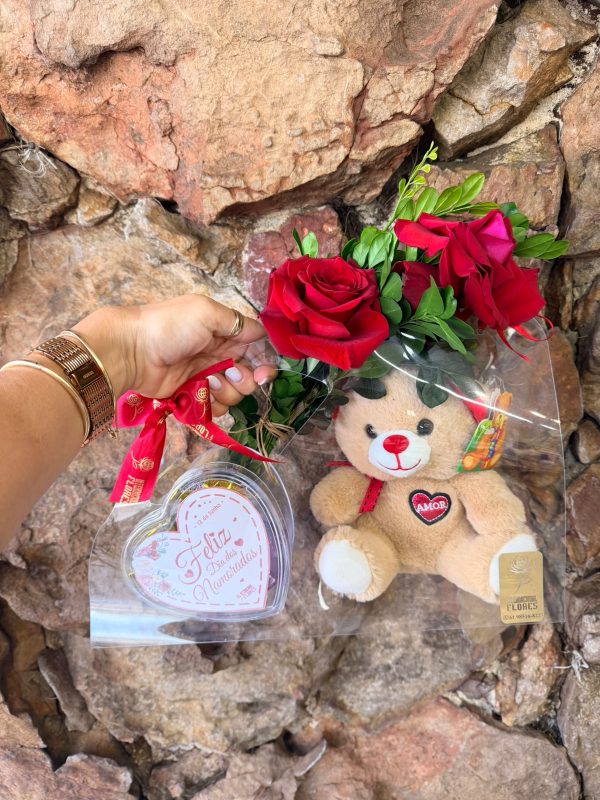 Sacola Cristal Urso, Chocolate e Rosas Colombianas